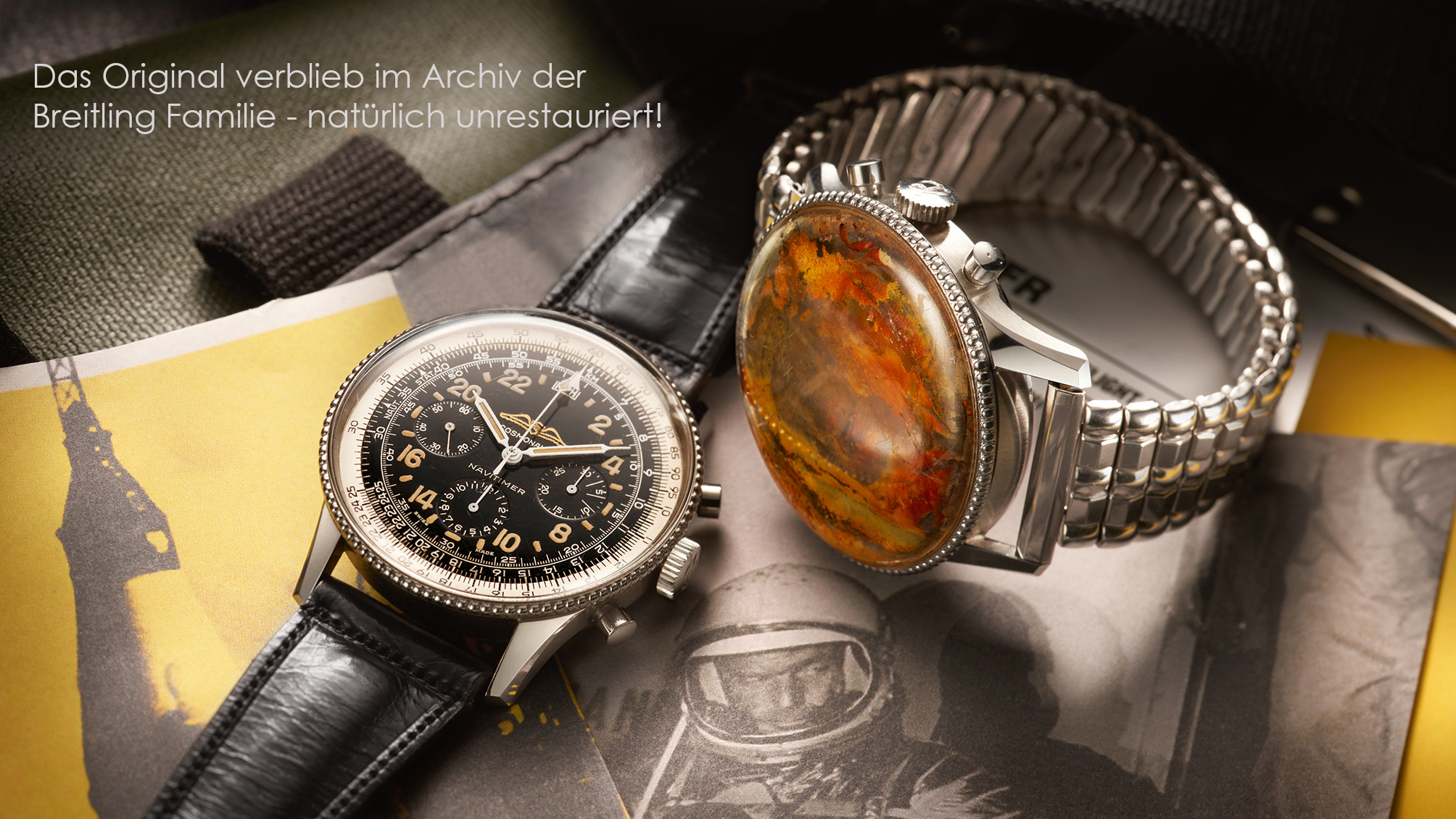 Historical Breitling Navitimer Cosmonaute from 1962 and the original Navitimer Cosmonaute/ first Swiss wristwatch in space worn by Scott Carpenter during his Mercury-Atlas 7 mission in 1962 (left to right)_RGB