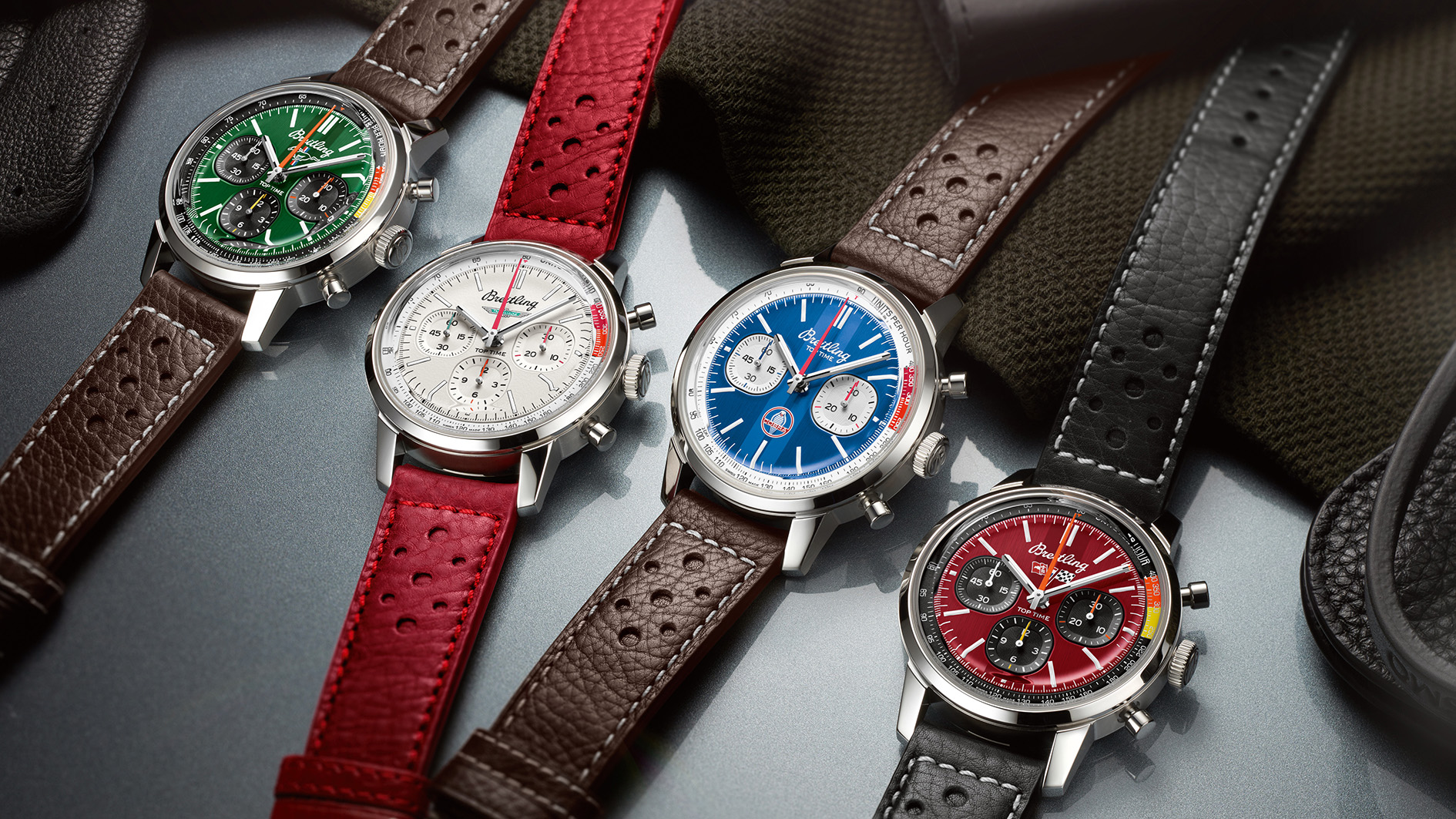 The new Breitling Top Time B01 Classic Cars Collection_RGB  (from left to right: Top Time B01 Ford Mustang, Top Time B01 Ford Thunderbird, Top Time B01 Shelby Cobra, Top Time B01 Chevrolet Corvette)             
